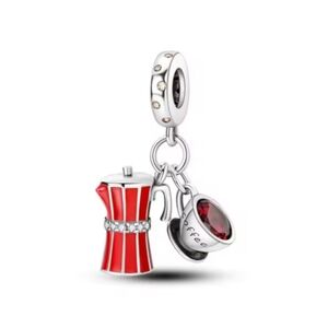 Silver and Red Coffee Charm Bracelet